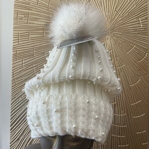 Luxe Winter Beanie - Faux Pearl Embellished Knit with White Pom